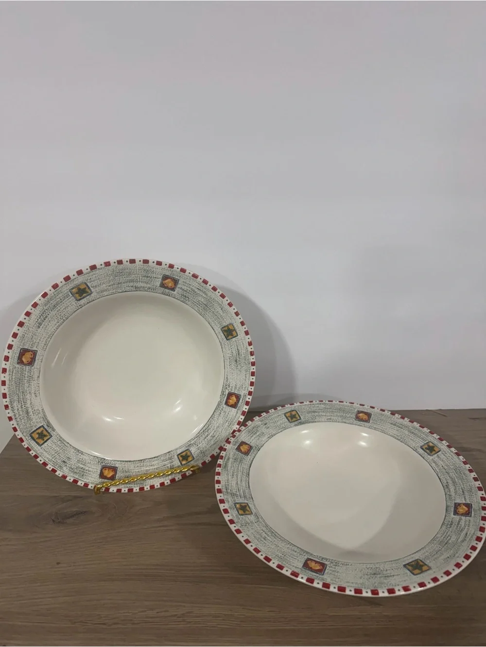 Gibson Decorative Cream and Red Stoneware Dinner Bowls - Set of 2